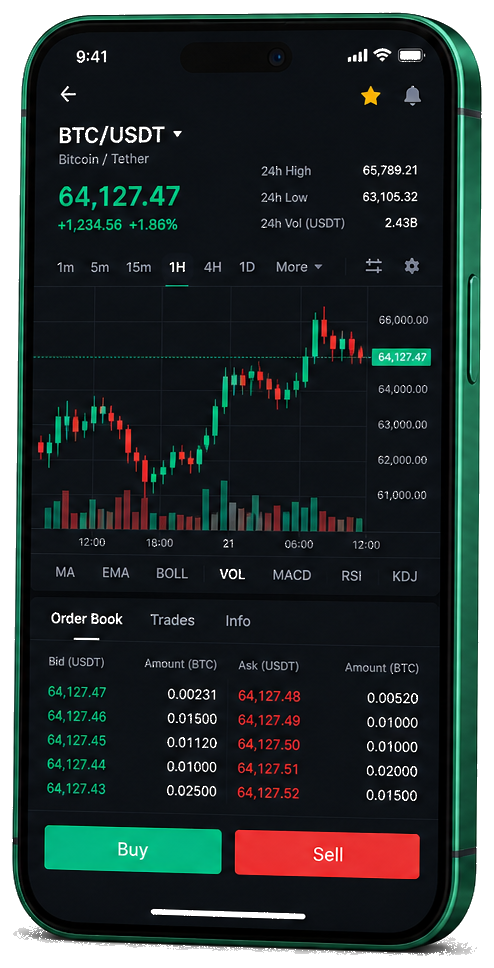 Interface mobile de trading Senerum — cours BTC/USDT en temps réel, carnet d’ordres et outils de suivi des transactions